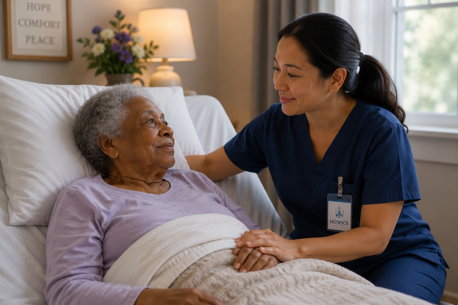 smiling grey haired man looking at nurse palliative care hospice care